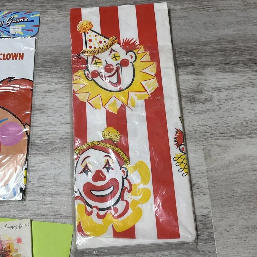 Vtg Birthday Party Supplies Clown Cake Toppers Game Cloth Honeycomb Centerpiece